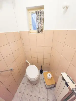 a bathroom with a toilet and a window at Apartma Florent in Bovec