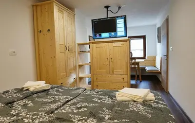 a bedroom with a bed and a television on a cabinet at Apartment Pr'pek in Bohinj