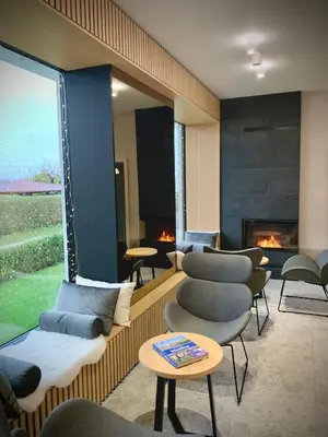 a waiting room with chairs and a fireplace at Stara lipa Tašner kitchen & P & garage - self check-in in Maribor