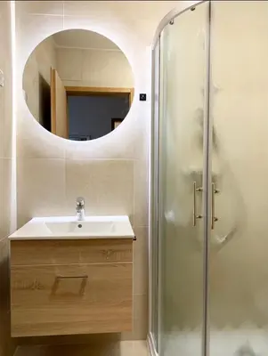 a bathroom with a sink and a shower with a mirror at Stara lipa Tašner kitchen & P & garage - self check-in in Maribor