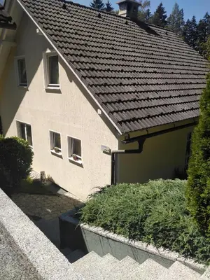 a house with a gray roof and some bushes at Apartments Irena in Kranjska Gora
