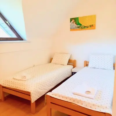 two twin beds in a room with a window at Miabella House - 2 bedrooms and terrace in Brežice