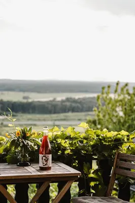 a bottle of wine sitting on a wooden table at MÓD in Lendava