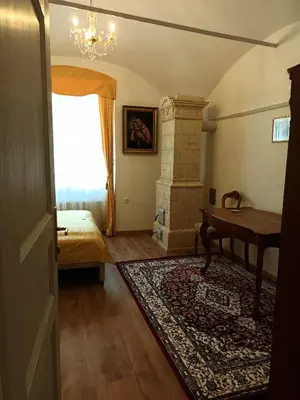 a bedroom with a bed and a fireplace and a window at Rezidenca Sv. Peter in Malečnik