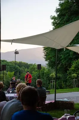 a group of people watching a man playing music under a tent at Rezidenca Sv. Peter in Malečnik