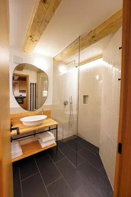 a bathroom with a sink and a shower at Alpine Retreat Apartments Šurc in Rateče