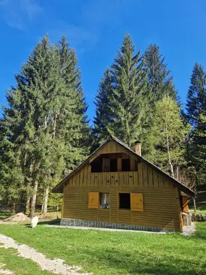 a small wooden cabin in a field with trees at Koča v gozdu, Forest house near Bled in Bled