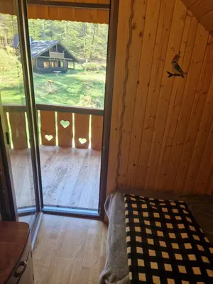 a room with a large window and a bed in a cabin at Koča v gozdu, Forest house near Bled in Bled