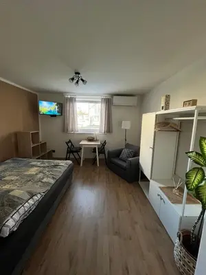a bedroom with a bed and a couch and a table at Deteljica in Kočevje