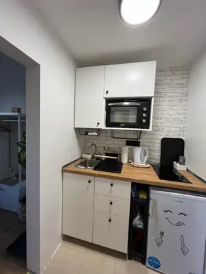 a kitchen with white cabinets and a microwave at Deteljica in Kočevje