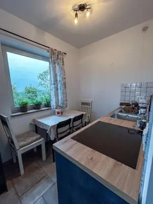 a kitchen with a sink and a table and a window at Apartma Lavanda in Kojsko