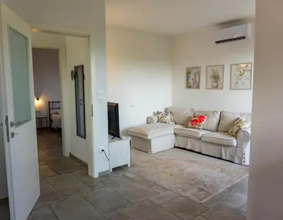a living room with a couch and a tv at Apartma Lavanda in Kojsko
