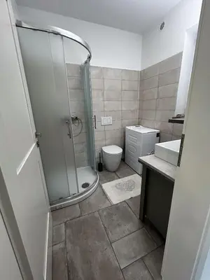 a bathroom with a shower and a toilet and a sink at Apartma Lavanda in Kojsko