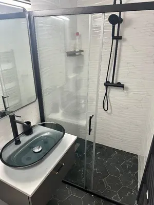 a bathroom with a sink and a glass shower at Alpine Echo Apartments in Bovec