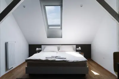 a bedroom with a large bed with a window at Lilija apartments in Trzin
