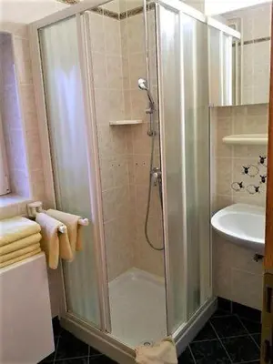 a shower with a glass door in a bathroom at Rooms Barovc by the Lake Jasna in Kranjska Gora