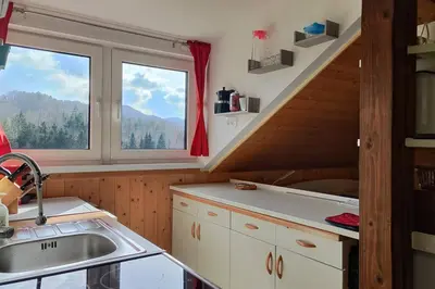 a kitchen with a sink and a window at Počitniška hiška v gozdnem raju in Črni Vrh