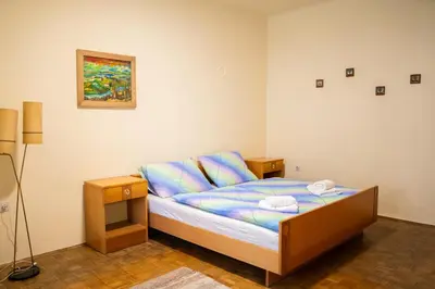 a bedroom with a bed with blue and purple pillows at Apartmaji PAJTLER in Zgornja Kungota
