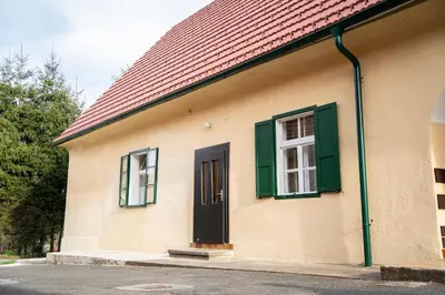 a small house with green windows and a door at Apartmaji PAJTLER in Zgornja Kungota