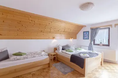 two beds in a room with wooden ceilings at Apartments Ukanc in Bohinj
