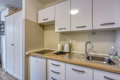 a kitchen with white cabinets and a sink at Apartments Jantar in Novo Mesto