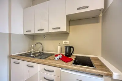 a small kitchen with a sink and a stove at Apartments Jantar in Novo Mesto