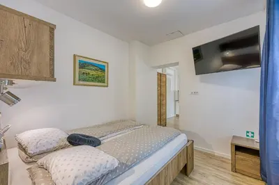 a bedroom with a bed and a tv on the wall at Apartments Jantar in Novo Mesto