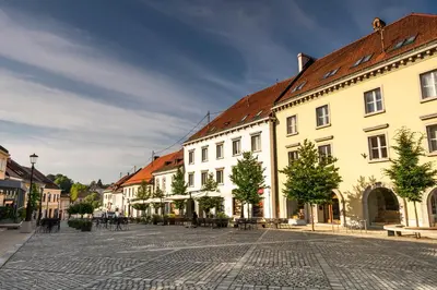 a cobblestone street in a town with buildings at Apartments Jantar in Novo Mesto