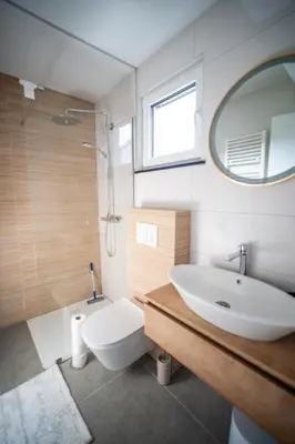a bathroom with a sink and a toilet and a mirror at Apartma Tim Terme Čatež in Čatež ob Savi