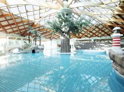 a large swimming pool with a tree in a building at Apartma Tim Terme Čatež in Čatež ob Savi