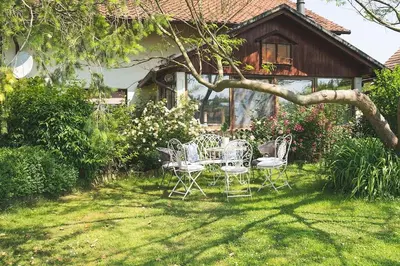 a group of chairs and a table in a yard at Apartma Župelefski raj in Kapele