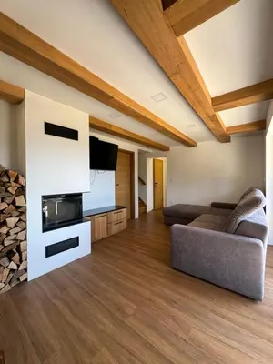 a living room with a couch and a fireplace at Špan Cottage in Jesenice