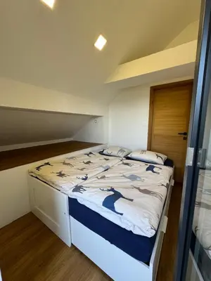 a bedroom with a large bed in a room at Špan Cottage in Jesenice