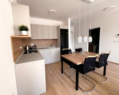 a kitchen and dining room with a wooden table and chairs at Alpine Haven in Bovec