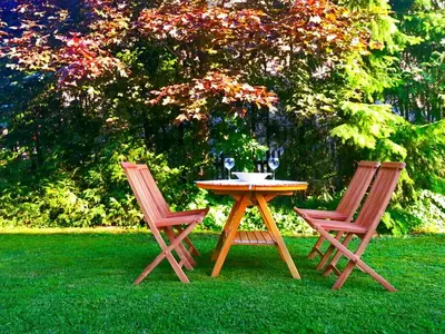 two chairs and a wooden table in the grass at Apartments Ana Kranjska Gora in Kranjska Gora