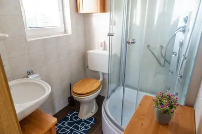 a bathroom with a shower and a toilet and a sink at APARTMA ENI in Moravske Toplice