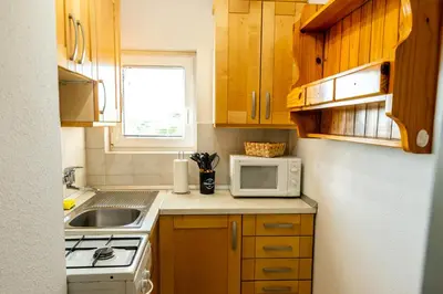 a small kitchen with a sink and a microwave at APARTMA ENI in Moravske Toplice