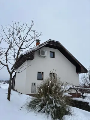a white house in the snow with a tree at APARTMA ENI in Moravske Toplice