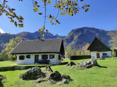 a house in a field with mountains in the background at Holiday House Damjana (Hiška Damjana), Ukanc, Bohinjsko jezero in Bohinj