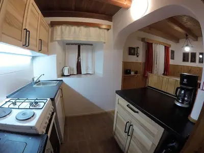 a small kitchen with a stove and a sink at Holiday House Damjana (Hiška Damjana), Ukanc, Bohinjsko jezero in Bohinj