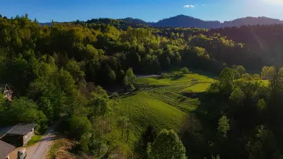 an aerial view of a green field in the mountains at Secret Paradise apartment in Zgornje Gorje