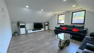 a living room with a black couch and a television at Secret Paradise apartment in Zgornje Gorje