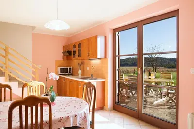 a kitchen with a table and a dining room at Apartments - Turistična kmetija Vrbnjak in Ljutomer