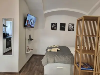 a bedroom with a bed and a tv on the wall at MK Studio in Maribor