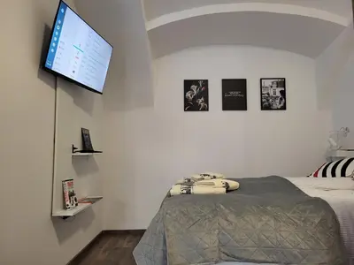 a bedroom with a bed and a flat screen tv at MK Studio in Maribor
