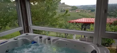 a bath tub in front of a window with a view at Apartment Gajsek in Zavrč