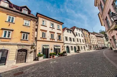a cobblestone street in an old town with buildings at Way to the Castle in Ljubljana