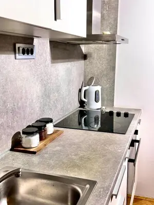 a kitchen counter with a sink and a coffee pot at Apartment KOZOLEC - best central location in Ljubljana