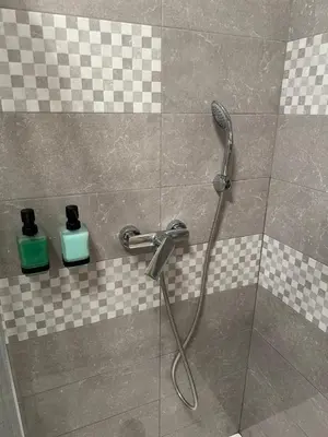 a shower with two bottles of soap in a bathroom at Apartma Anže Samec in Dobravlje