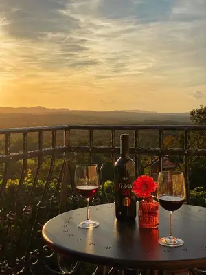 a table with two glasses of wine and a bottle at Apartma Domačija Bole in Sežana